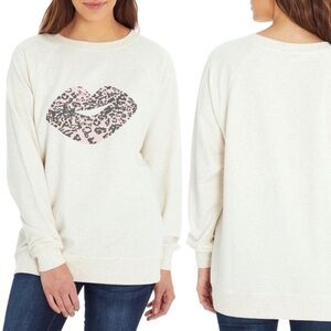 Wildfox Oversized Slouchy Cheetah Print Lips Graphic Sweatshirt Size Large